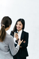 Poster - Confident focused businesswoman, teacher or mentor coach speaking to business people at negotiations, woman leader speaker applicant talking at meeting or convincing hr during job interview concept