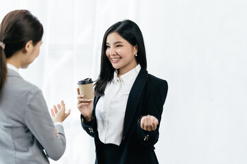 Poster - Confident focused businesswoman, teacher or mentor coach speaking to business people at negotiations, woman leader speaker applicant talking at meeting or convincing hr during job interview concept