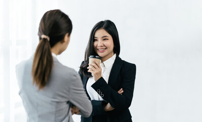 Poster - Confident focused businesswoman, teacher or mentor coach speaking to business people at negotiations, woman leader speaker applicant talking at meeting or convincing hr during job interview concept