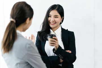 Poster - Confident focused businesswoman, teacher or mentor coach speaking to business people at negotiations, woman leader speaker applicant talking at meeting or convincing hr during job interview concept