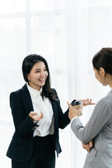 Poster - Confident focused businesswoman, teacher or mentor coach speaking to business people at negotiations, woman leader speaker applicant talking at meeting or convincing hr during job interview concept
