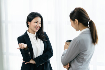 Poster - Confident focused businesswoman, teacher or mentor coach speaking to business people at negotiations, woman leader speaker applicant talking at meeting or convincing hr during job interview concept