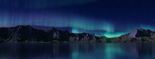 Rocky Mountains With Aurora Lights. Blue Sky Wallpaper With Copy-space.