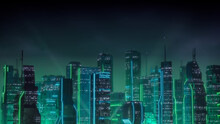 Sci-fi Metropolis With Green And Blue Neon Lights. Night Scene With Advanced Superstructures.