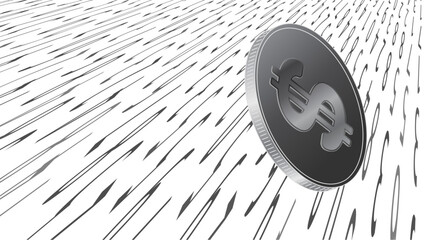 Wall Mural - Coin with American dollar USD symbol rolls down digital road on white background. The dollar is symbol of prosperity in the world.