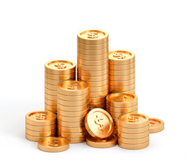 Stack of coin gold dollar cash isolated on white 3d background with golden money finance business treasure currency or success wealth banking casino jackpot symbol and shiny financial precious prize.