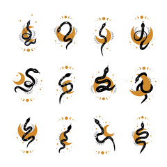 Wall Mural - Magic snakes in boho style with moon. Mystical symbols in a trendy minimalist style. Esoteric vector illustration.