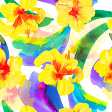 Hawaiian Yellow Flowers On Rainbow Background, Seamless Watercolor Tropical Floral Pattern