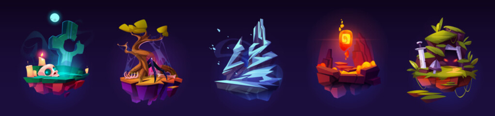 Wall Mural - floating game islands set with spooky grave, creepy spider web, cold iceberg, volcanic rock and medi