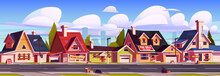 Abandoned Suburb With Old Houses For Sale, Suburban Street With Residential Cottages With Boarded Up Windows And Doors, Countryside Neglected Buildings And Road With Trash, Cartoon Vector Illustration