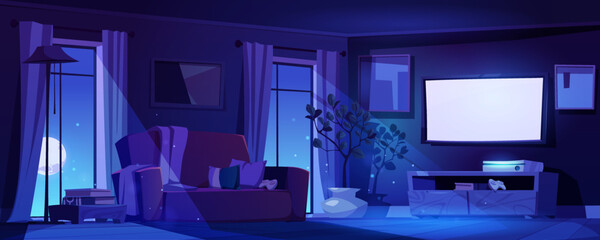 Night living room interior in moonlight with tv and sofa. Modern dark home with furniture and decor. Apartment with potted plant, game station and full moon in window. Cartoon vector illustration