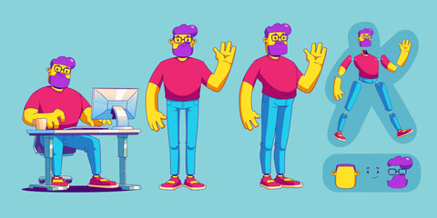 Man character sitting at table with computer and standing. Vector animation set with parts of body and head of person in contemporary style. Creation model of guy freelancer or office worker