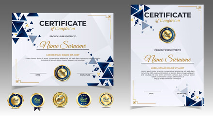 Wall Mural - Certificate of appreciation template, gold and blue color. Clean modern certificate with gold badge. Certificate border template with luxury and modern line pattern. Diploma vector template. EPS 10