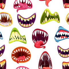 Wall Mural - Cartoon monster mouths with teeth vector seamless pattern. Horror background of scary vampire smiles and drool beast jaws with sharp fangs, tongues, open lips, dripping saliva and slime drops