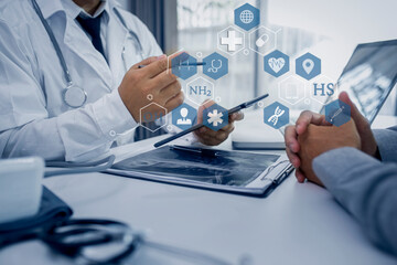 Medicine doctor using digital healthcare and network connection on hologram modern virtual screen interface icons, Medical technology futuristic concept.