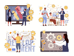 Set of illustrations of creating web project. Collaboration of designers and developers in development of websites, mobile and computer applications. Vector characters flat cartoon.