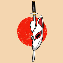 Japanese Kitsune Mask With Katana Sword, Vector Illustration Eps.10