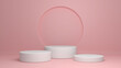A stage with a pedestal for advertising and branding products. Three white discs of different heights against the background of a round niche in the pink wall. 3D render.
