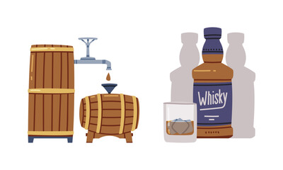 Wall Mural - Whisky or Whiskey Poured in Glass with Ice Cube and Stored in Wooden Barrel Vector Set