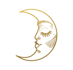 Sticker - Golden sleeping crescent with a beautiful face, linear icon. Vintage boho witch tattoo, sticker. Vector illustration isolated on white background.