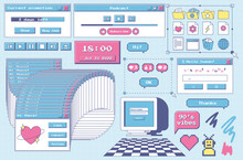 A Set Of User Interface Design Elements In 80s, 90s Retro Style. Old Computer Aesthetics. Vintage Nostalgic Icons And Windows. Folder Icons,, Monitor, Frozen Dialog Box, Player. Vector Illustration