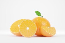 3D Rendering Orange With Cut In Half On White Background