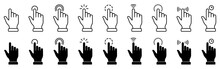 Cursor Computer Pointer Sign. Website App Press Tap Link Choice Button Internet Interface Symbol. Hand With Finger Digital Mouse Click Line And Silhouette Icon Set. Isolated Vector Illustration