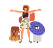 © Good Studio - Happy woman with travel bags, suitcases for vacation trip. Smiling excited girl in sunglasses standing with summer holiday luggage, baggage. Flat vector illustration isolated on white background