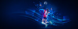 Flyer. Creative artwork with female volleyball player in motion with ball isolated on dark blue background with neoned elements. Art, creativity, sport