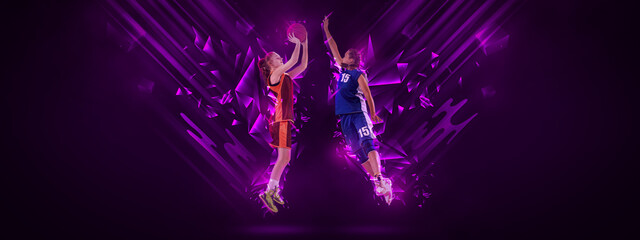 Creative artwork with two young female basketball players playing basketball isolated on dark background with neon elements. Concept of sport, enegry