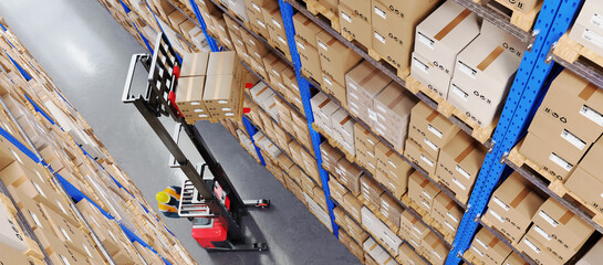 Warehouse Scene with High Shelves and Reach Fork Track. Top View. Logistics Concept. 3D illustration
