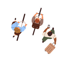 Fototapete - People walking, riding bicycle top view. Overhead characters cycling, going with travel bag, suitcase. Different humans in motion from above. Flat vector illustration isolated on white background