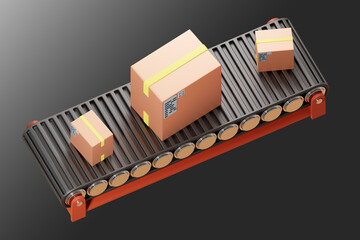 Wall Mural - Warehouse conveyor. Conveyor with boxes top view. Warehouse automation concept. Automation processes for delivery service. Cardboard boxes on dark background. Logistics warehouse automation. 3d image