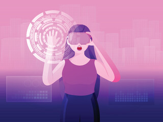 futuristic digital technology, metaverse, nft, virtual reality concept, young girl wearing vr, virtu