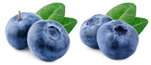 Set Of Two Blueberry Berry With Green Leaves Isolated On White Background With Clipping Path