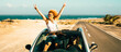 © simona - Travel with car vehicle and tourists summer destination concept. Happy and excited couple of women friends drive and have fun with a convertible and long straight road in background. Ocean and sea