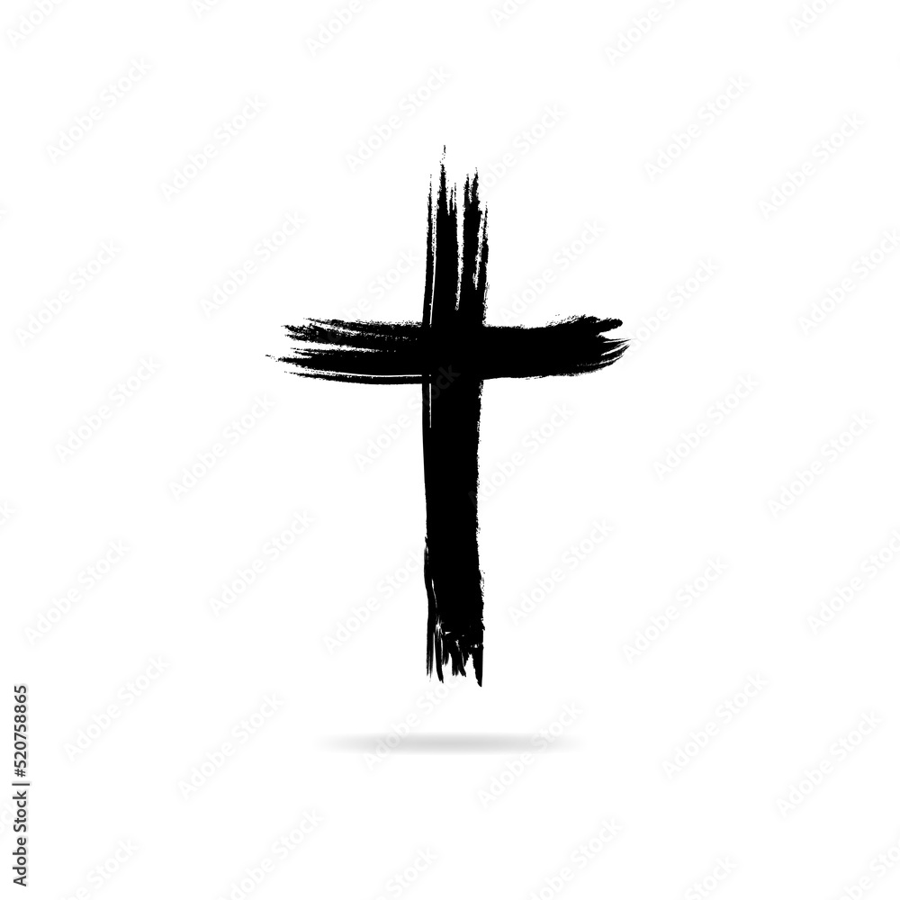 Cross painted brushes. Church of Jesus Christ logo. Hand drawn black grunge cross icon, simple Christian cross sign, hand-painted cross symbol isolated on white background.