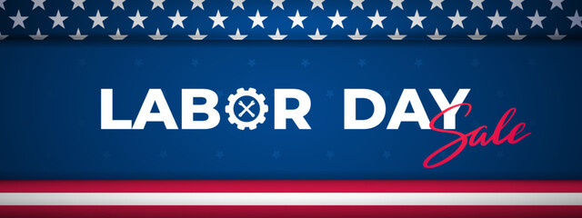 Labor Day Sale horizontal banner on blue background. USA national federal holiday header design. Stock vector illustration.