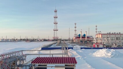 The drone flies over the gas pipeline that is needed to generate electricity at the gas turbine power plant, in winter, gas consumption increases due to cooling. Fuel crisis in Europe and the USA.