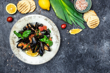 Sticker - dish of mussels with lemon and baguette. Clams in the shells. Restaurant menu, dieting, cookbook recipe top view