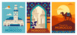 Set of travel morocco guide posters. Colorful advertising banners with country sights, architecture, camels and desert. Vacation or trip. Cartoon flat vector collection isolated on white background