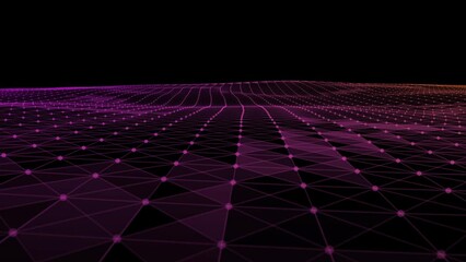 Wall Mural - 3d abstract wireframe grid wave, flowing points, slow motion video plexus, dynamic particles, dark black background with triangle geometry, low-poly surface, cyberspace backdrop, futuristic idea