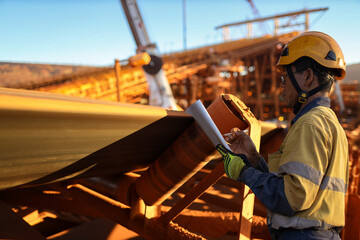 Wall Mural - Auditor personal wearing safety helmet standing holding paperwork pen conducting safety inspecting  damages conveyor belt running to screen house plant during shut down operation 