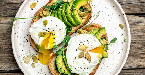 Wall Mural - Poached egg on toast for breakfast or lunch with rye bread. vegetarian food, diet concept