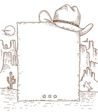 Wild West Cowboy Paper For Text. Vector Cowboy Western Hand Drawn Doodle Background With Cowboy Hat On American Canyon Desert And Cactuses