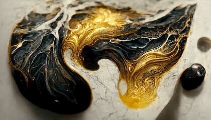 Aufkleber - Raster illustration of luxury abstract liquid art paint in alcohol ink technique, mixture of black pastel colors, waves and gold swirls. 3D render raster background for business and advertising	
