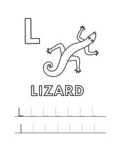 Alphabet With Cute Cartoon Animals Isolated On White Background. Coloring Pages For Children Education. Vector Illustration Of Lizard And Tracing Practice Worksheet Letter L