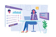 © Andrey - Online survey concept with people scene for web. Woman filling questionnaire form on huge screen using laptop, gives her feedback or answering test. Vector illustration in flat perspective design