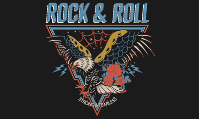 Eagle rock and roll print design for t-shirt. Music vintage artwork for poster, sticker, background and others. Animal. Wild life illustration. 