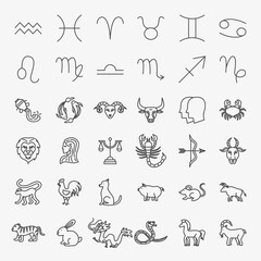 Wall Mural - Zodiac Horoscope Line Icons Set. Vector Thin Outline Chinese Culture Symbols.